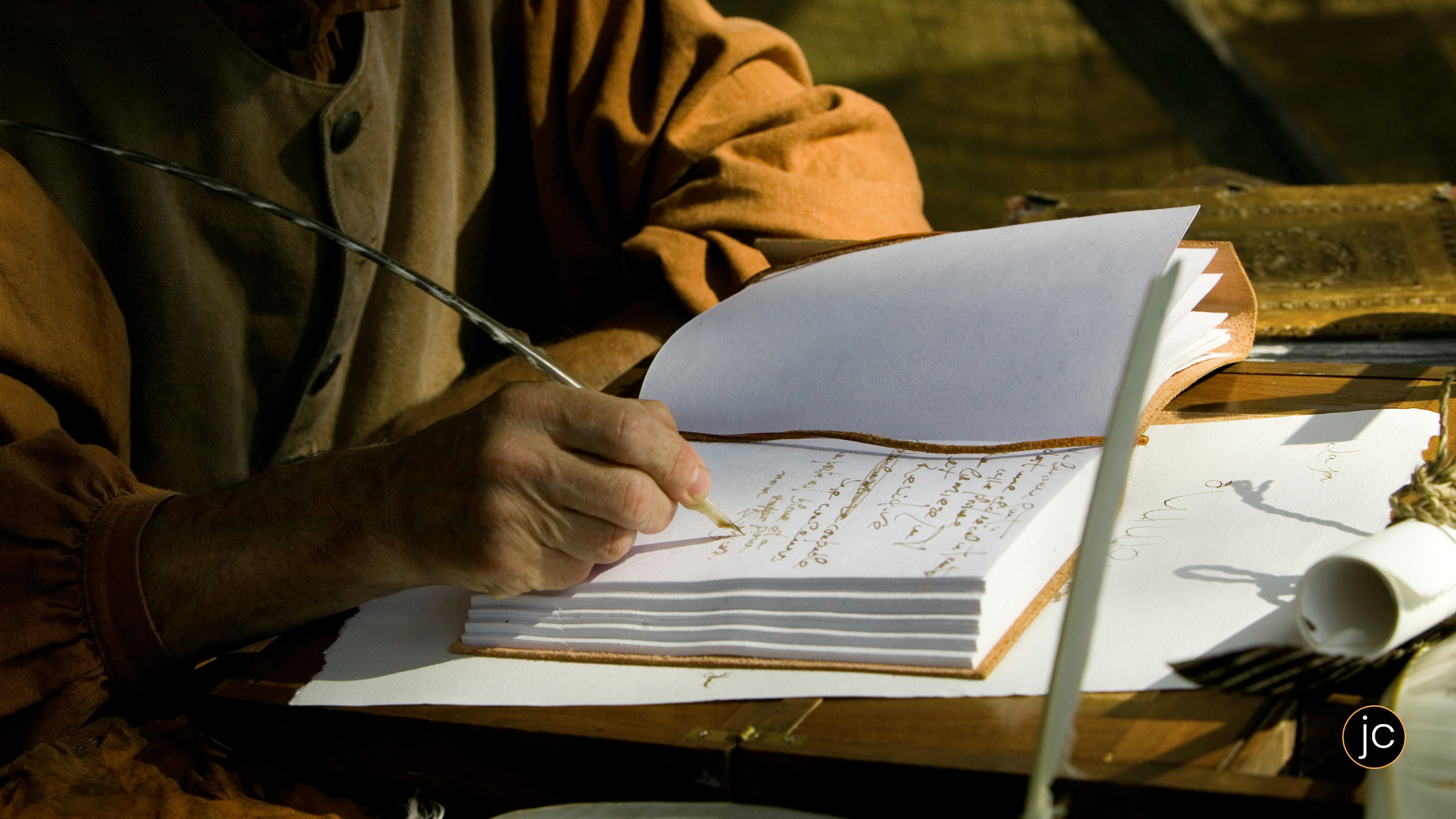 An elderly woman wearing ancient clothing and writing in an ancient script in a blank notebook on an antique desk