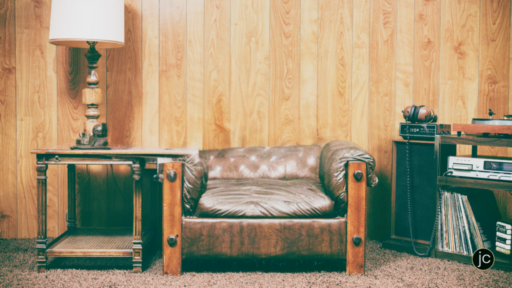 The Moment That Changed My Life Forever (Jana Carlson's Testimony) symbolized by a 1970s basement with brown wood panelled walls, brown carpet, and brown furnishings