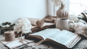 A sunlit kitchen table cluttered with projects but with an open Bible to illustrate how to build consistent spiritual habits