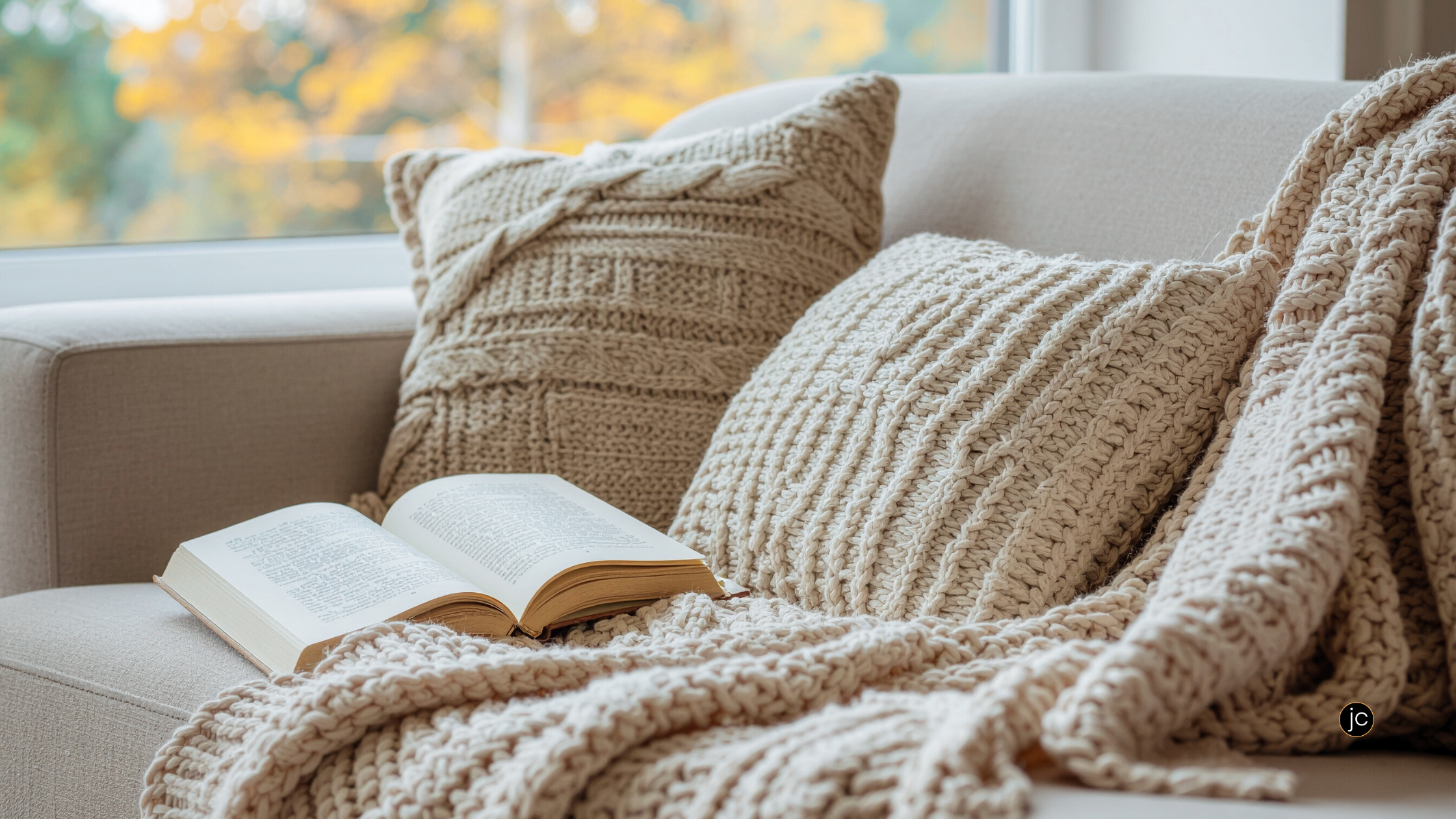 An open Bible on a cozy cream-colored throw blanket on a matching couch with cushions in front of a bright window, the perfect spot for a morning Bible-reading routine