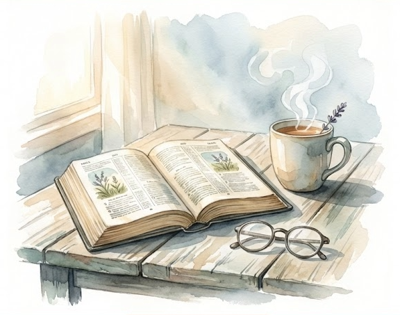 A serene watercolor illustration of an open Bible resting on a rustic wooden table next to a steaming ceramic mug of tea. Soft morning light streams from a window onto the scene, which includes a pair of spectacles and a sprig of lavender, evoking a peaceful atmosphere of quiet communion and study.