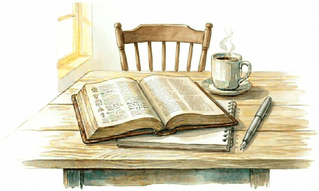A peaceful watercolor illustration of an open Bible on a rustic wooden table. A steaming ceramic mug of tea and a pair of spectacles rest beside the book, with soft light streaming through a nearby window. The scene evokes a quiet, intimate moment of real-time Bible study.