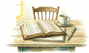 A peaceful watercolor illustration of an open Bible on a rustic wooden table. A steaming ceramic mug of tea and a pair of spectacles rest beside the book, with soft light streaming through a nearby window. The scene evokes a quiet, intimate moment of real-time Bible study.