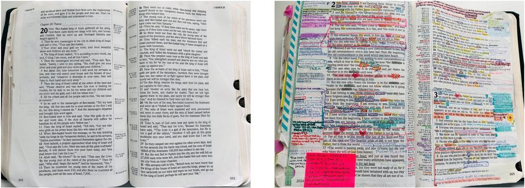 Two separate photos side-by-side to contrast an open, unmarked Bible with an open Bible that's chock full of highlights, handwritten notes, sticky notes, small drawings, and more markings throughout